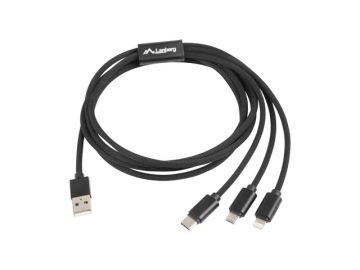 Кабел Lanberg COMBO cable USB-A (M) -> MICRO-B (M) + LIGHTNING (M) + USB-C (M) 2.0 1.8m, black