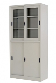 Шкаф метален с плъзгащи врати и 1/2 стъклени витрини 90/40/185