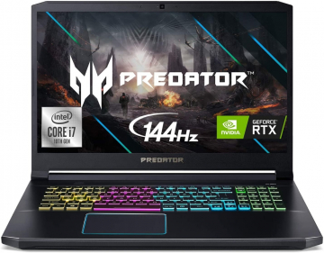 Лаптоп Acer Predator Helios 300, PH317-54-722H, Core i7 10750H (2.60GHz up to 5.00GHz, 12MB), 17.3" FHD IPS 144Hz, 16GB DDR4 2933MHz (1 slot free), 1024GB PCIe NVMe SSD, RTX2060 6GB GDDR6, 802.11AX + BT, RGB Kbd, Win 10 Home