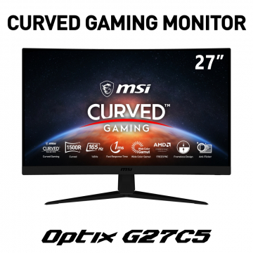 Монитор MSI Optix G27C5, 27'', VA, 165Hz, 1ms, FHD 1920x1080, Curve 1500R, FreeSync, sRGB 113%, Anti-Flicker, Less Blue Light, True colors, Anti-Glare, Frameless, 250 cd/m, Contrast 3000:1, DCR 100M:1, 1xDP, 2xHDMI, 1xEarphone out, VESA, Tilt, 36M